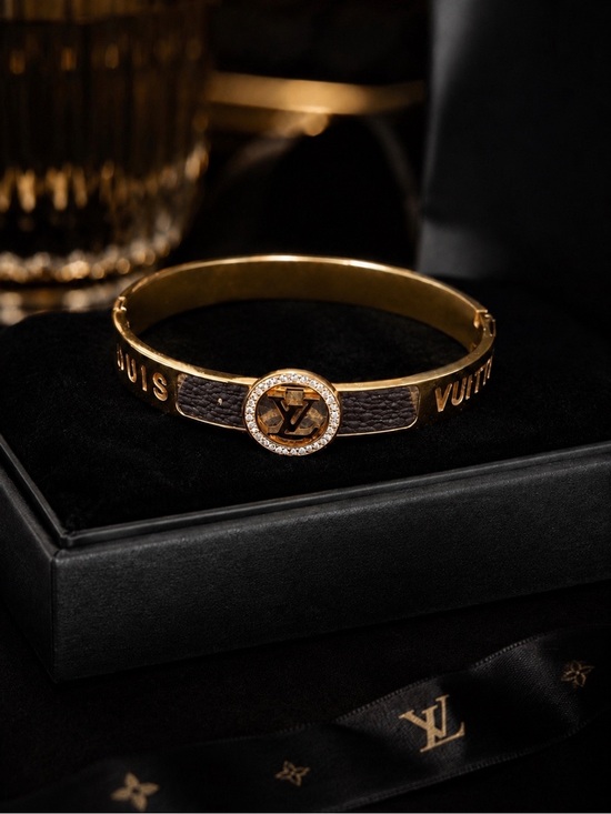 Fashion Jewelry Jewelry - 18K Gold and Brown LV Logo Bangle Bracelet